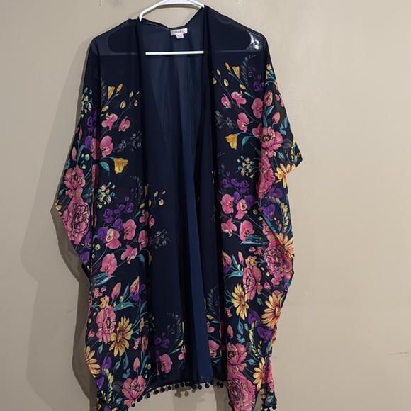 Pinky Navy Blue Sheer Kimono Women's One Size Floral, Beach, Vacation, Summer - Picture 8 of 8
